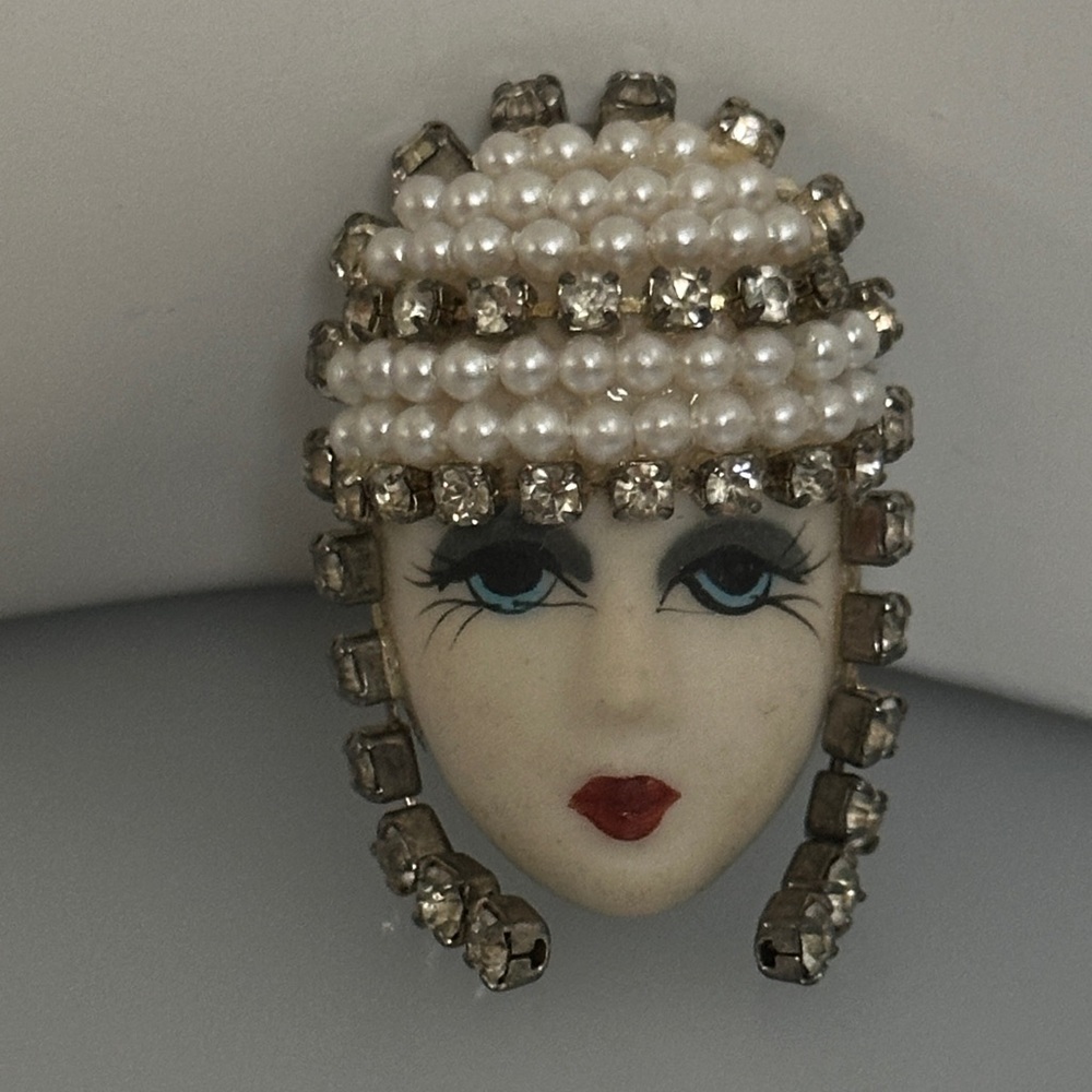 Elvira & Jackie Pearl & Crystal Porcelain Face Brooch